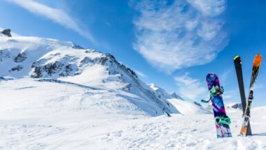 pair of skis and a snowboard